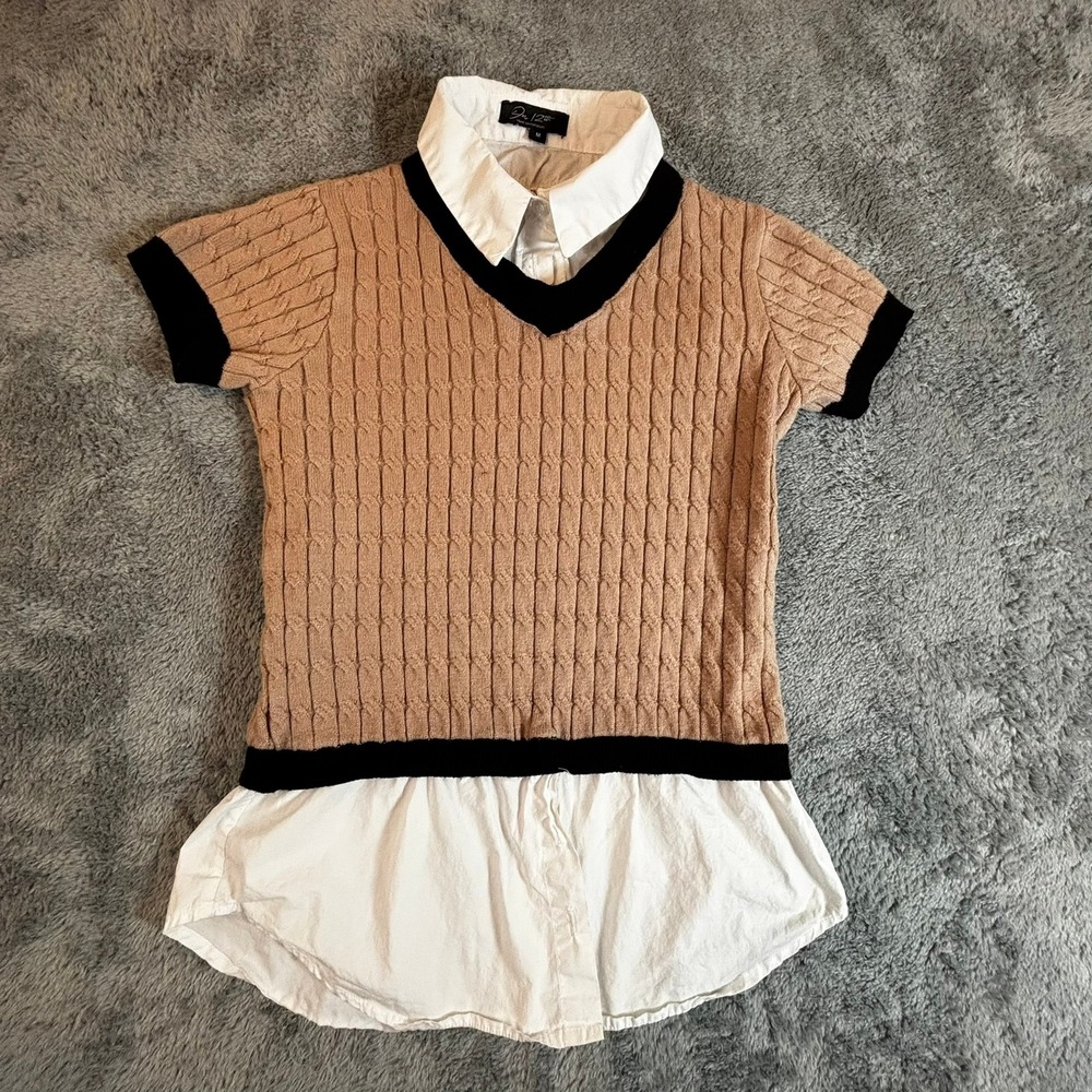On 12th Tan Cable Knit Layered Look Sweater Top White Collar Short Sleeve M